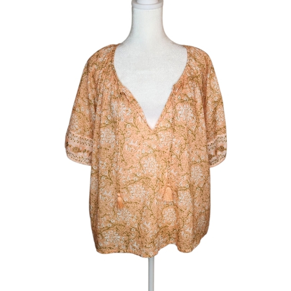Cleobella Batik Floral 100% Organic Cotton Short Sleeve Peasant Top Large